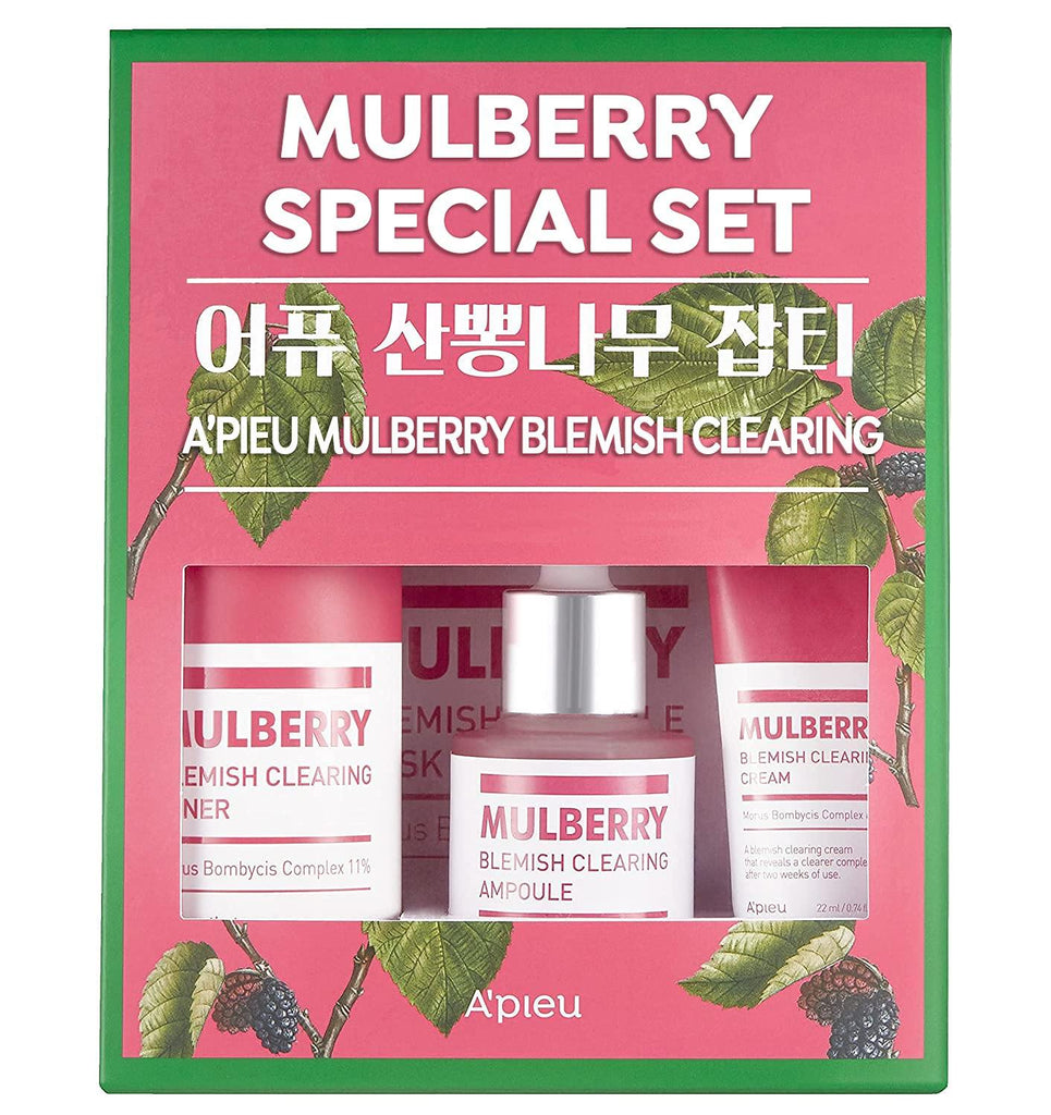 Mulberry Blemish Clearing Ampoule (Set) - Blemish Clearing Toner 210ml ,Ampoule 30ml, cream 22ml, 1 sheet mask, 10 cotton pads - Apieu